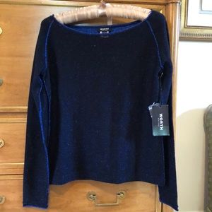 Black and metallic blue thread boat neck sweater